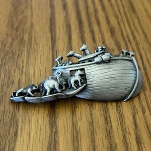 Pewter Noah’s Ark Brooch Pin Biblical Religious Silver Tone AJC Signed